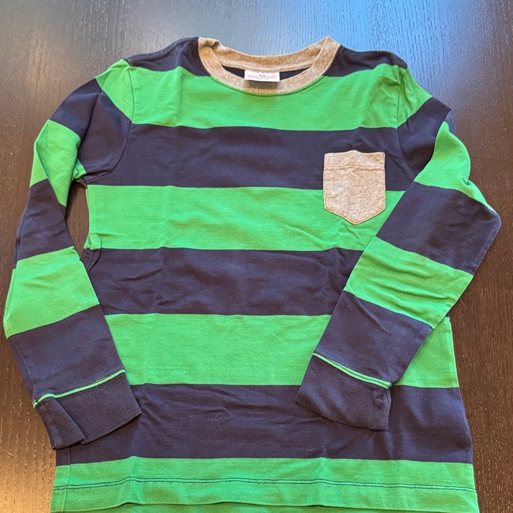 Hanna Andersson Green and Navy Striped Long Sleeve Tee